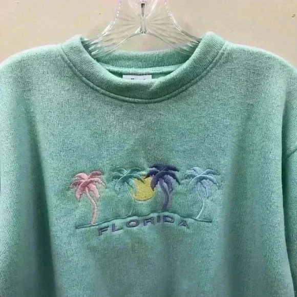 Vintage Caribbean Blue Tropical Florida Crewneck Sweater Blue Palm Trees 1980s - Picture 3 of 5